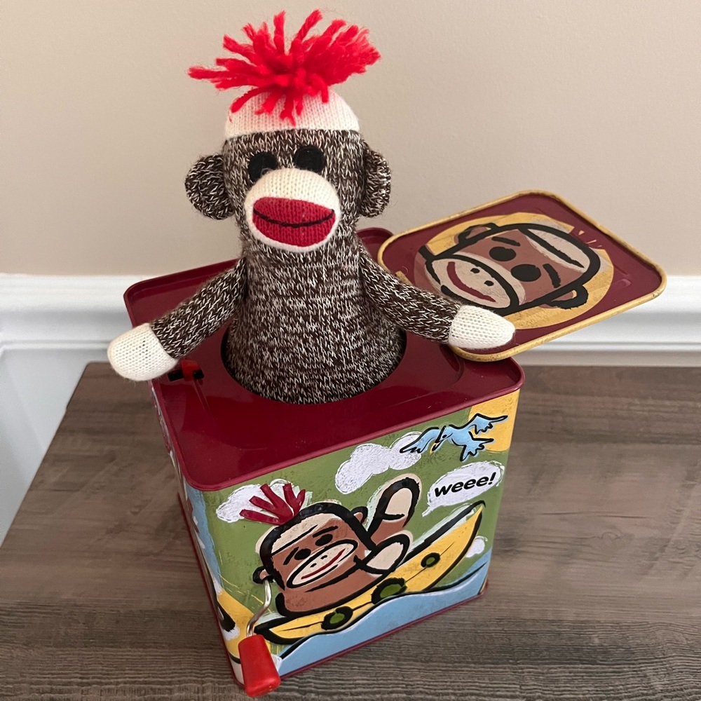 Sock Monkey Jack-in-the-Box Toy